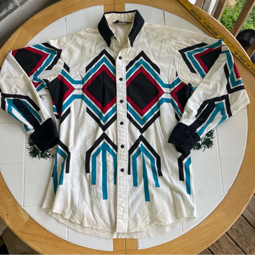 Brooks & Dunn Panhandle Slim Aztec Cowboy Western AOP Shirt Large VTG 90s